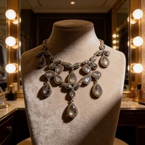 White House Black Market Tiered Crystal Necklace Gray Gold Tone